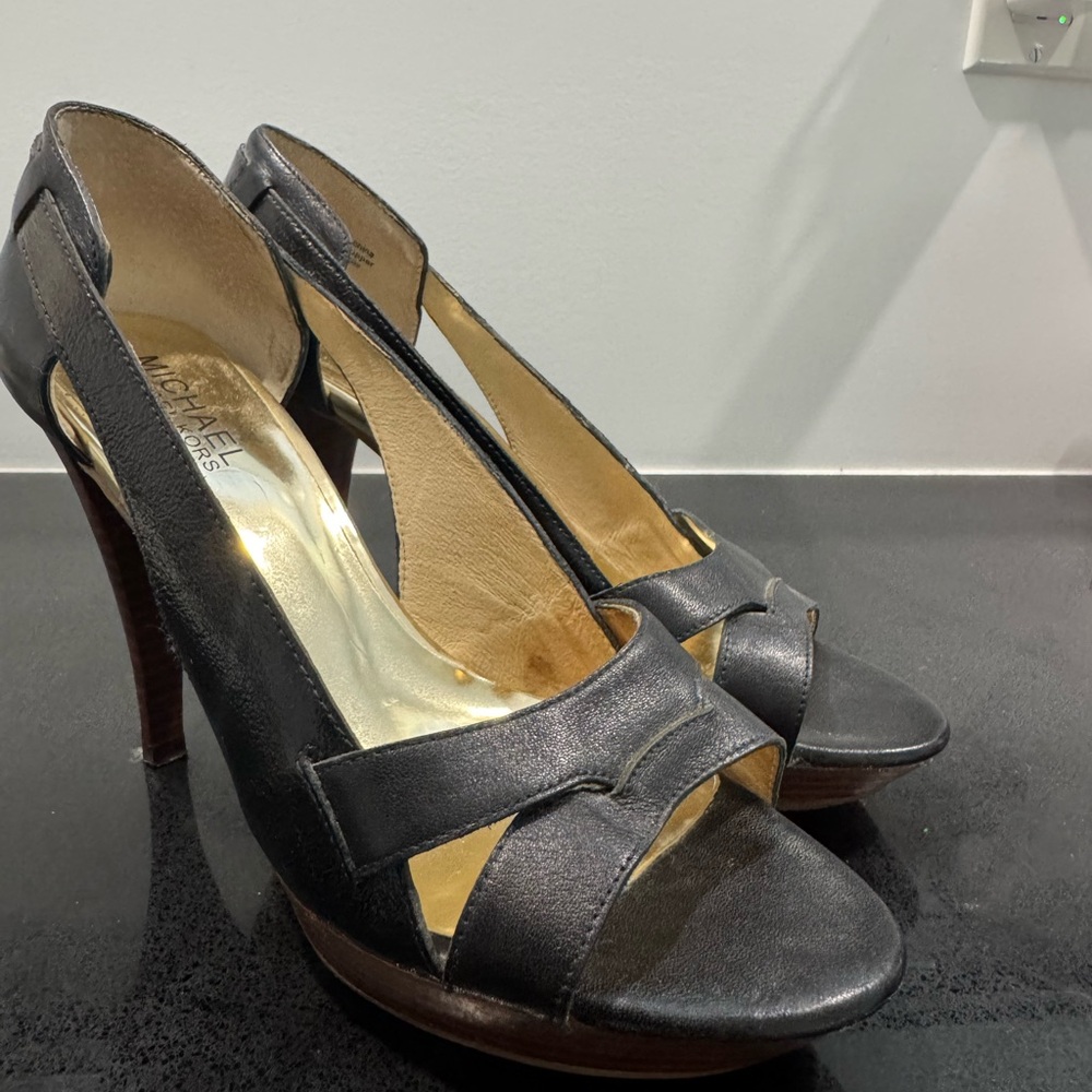 Michael Kors Vintage Black Leather Peep Toe Wooden Platform Heel